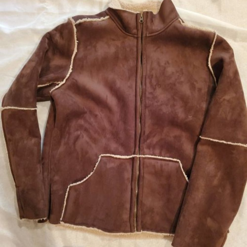 Women Bits & Bridle Jacket/Coat Brown Faux Suede Fleeced Lined w/Scarf LIKE NEW